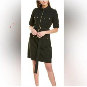 Sharagano Belted Zip Shirt Dress Safari Patch Pocket Roll Tab Sleeve Black